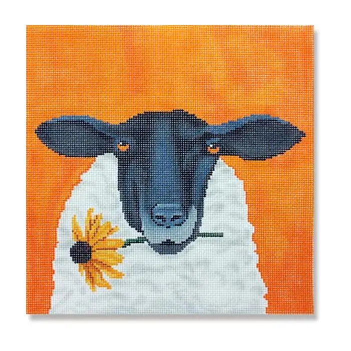 A black sheep with a sunflower on an orange background.