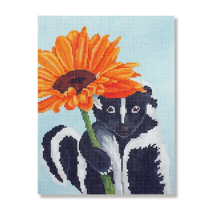 A painting of a skunk holding a sunflower.