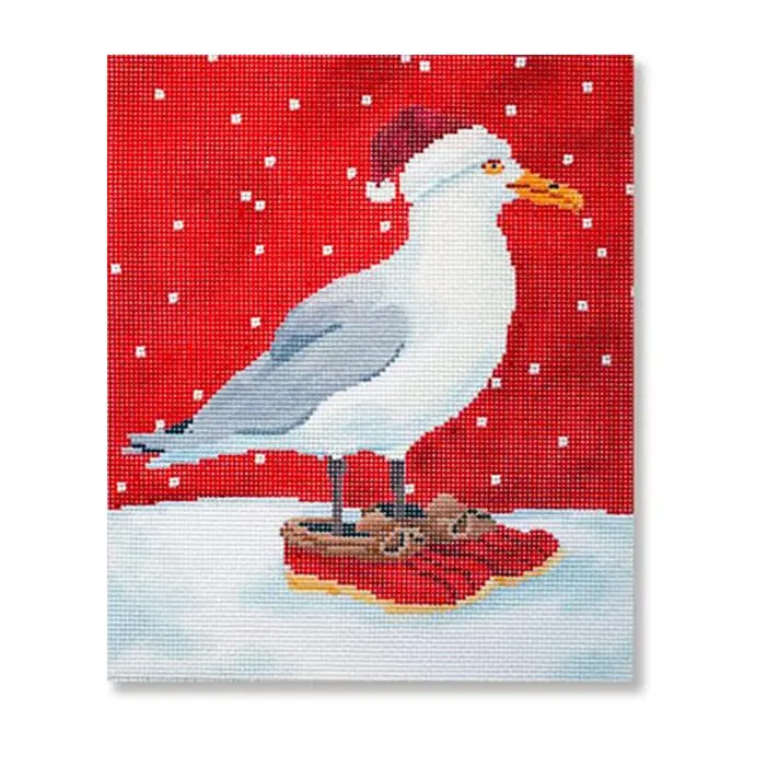 A painting of a seagull wearing a santa hat.