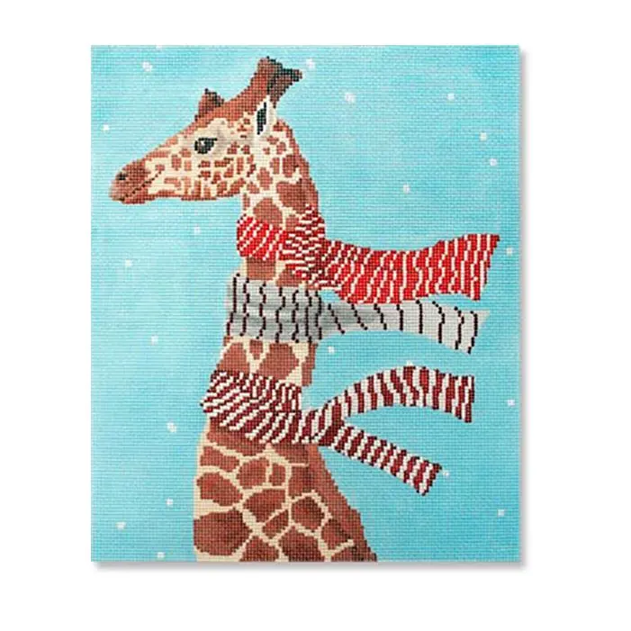 A painting of a giraffe wearing a scarf.