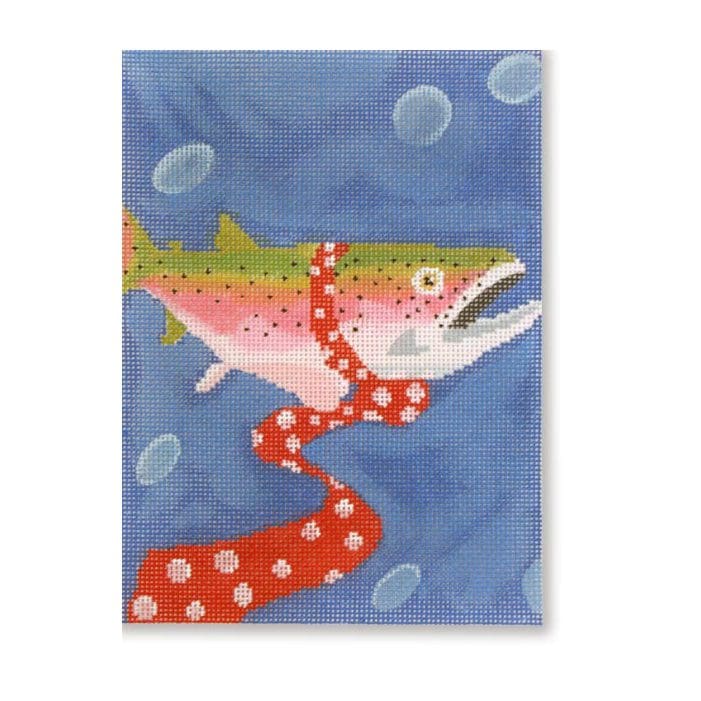 A painting of a rainbow trout with a red ribbon.