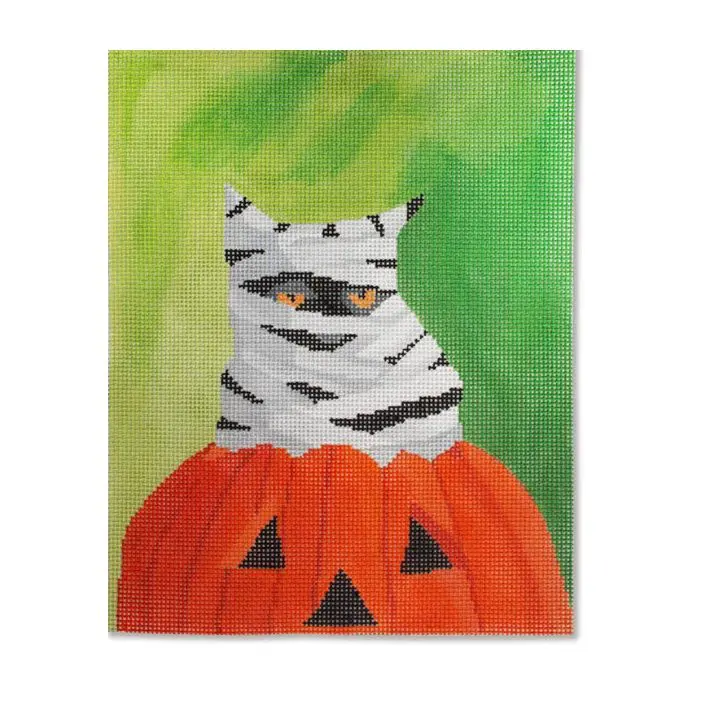 A painting of a cat sitting on top of a pumpkin.