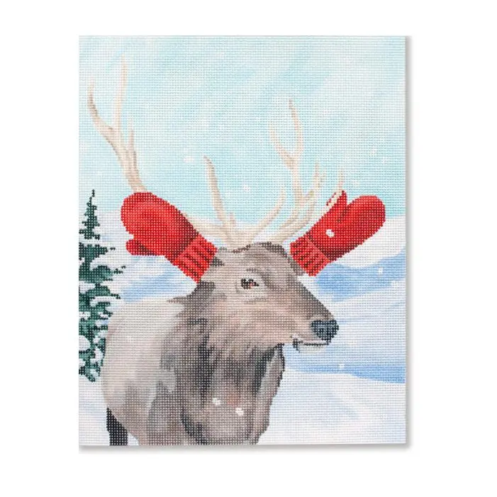 A painting of an elk with red mittens in the snow.