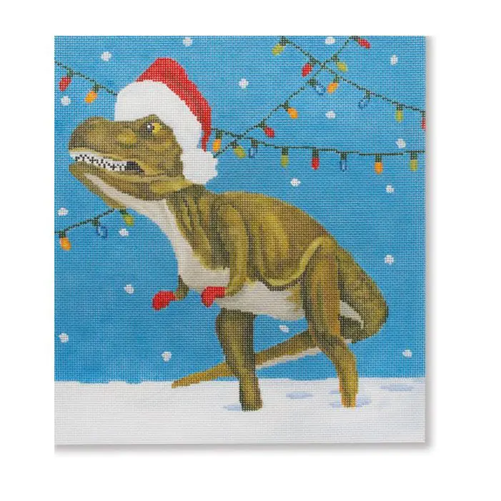 A painting of a t - rex wearing a santa hat.