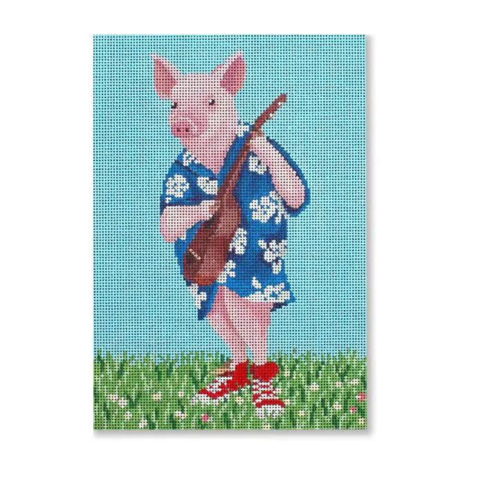 A painting of a pig playing a ukulele.