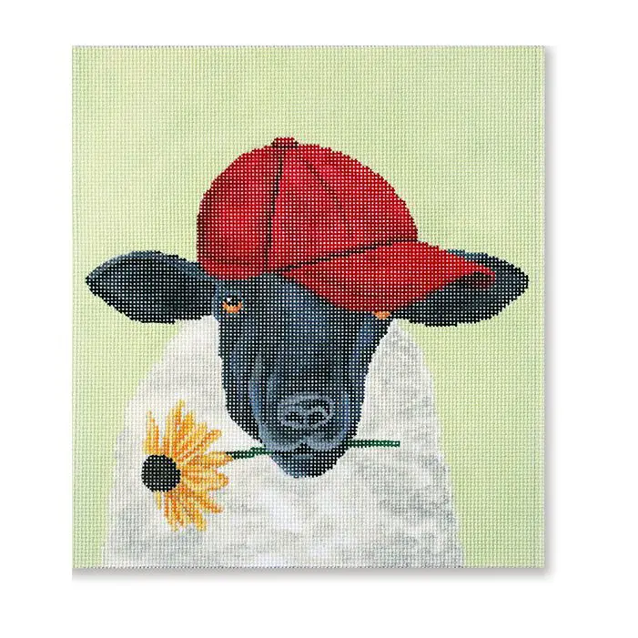 A painting of a sheep with a red hat and a flower.