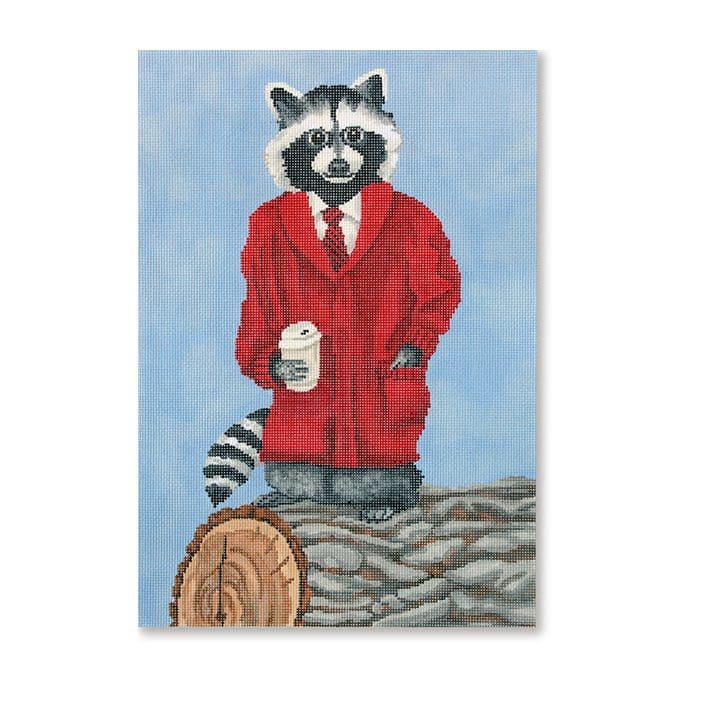 A painting of a raccoon in a red coat standing on a log.
