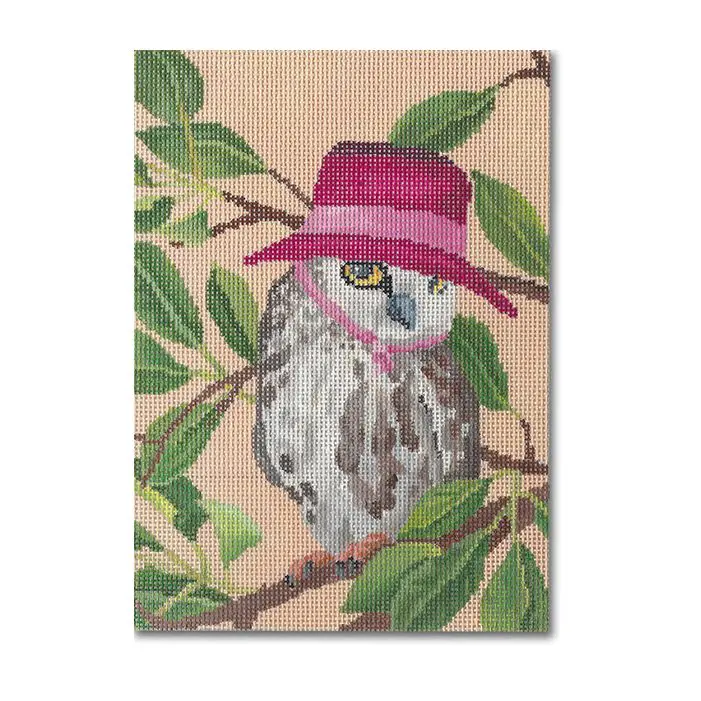 An owl wearing a pink hat on a branch.