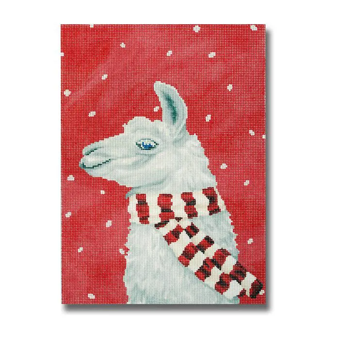 A painting of a llama with a scarf on a red background.