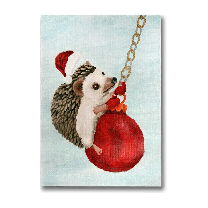 A painting of a hedgehog hanging on a red ball.