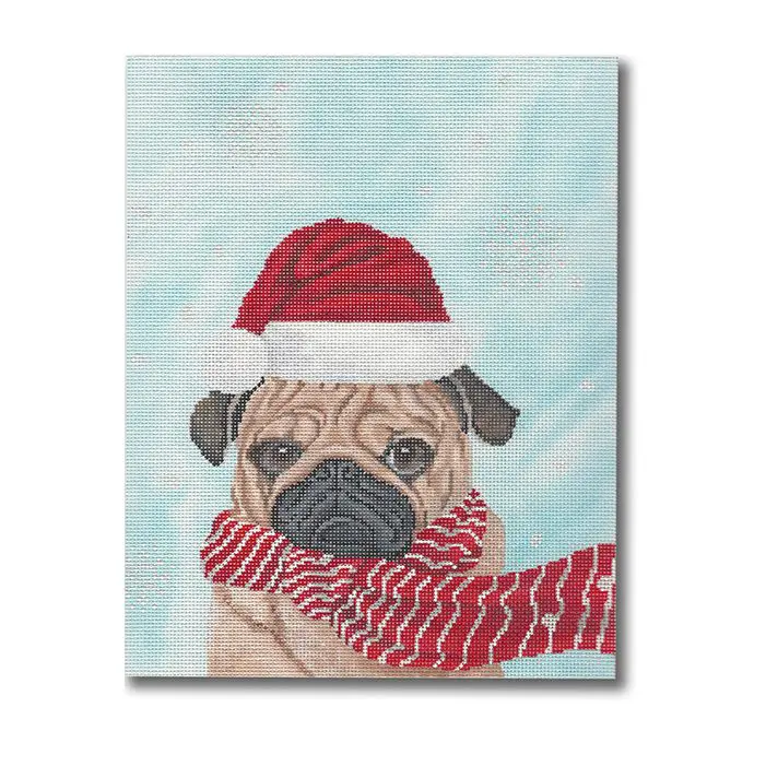 A painting of a pug wearing a santa hat.