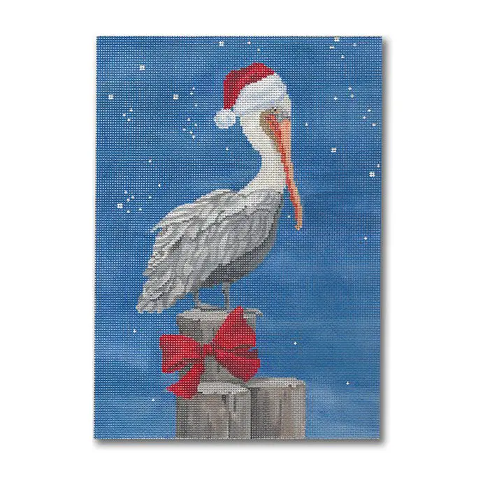 A painting of a pelican wearing a santa hat.
