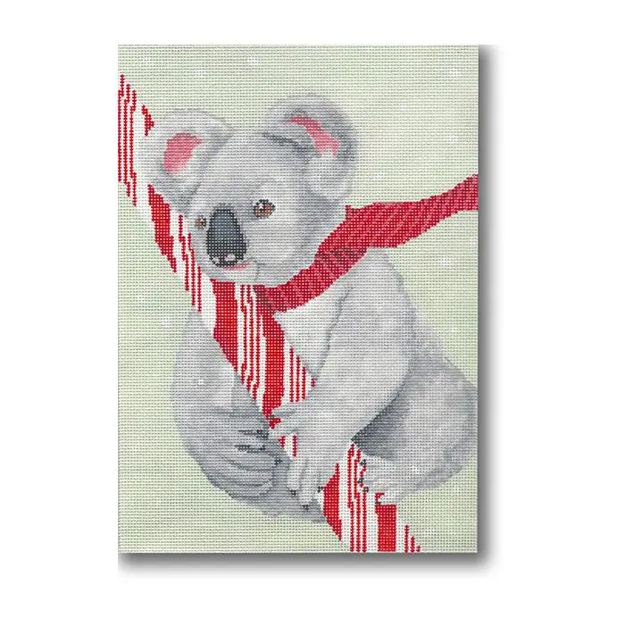 A painting of a koala holding a red and white stripe.