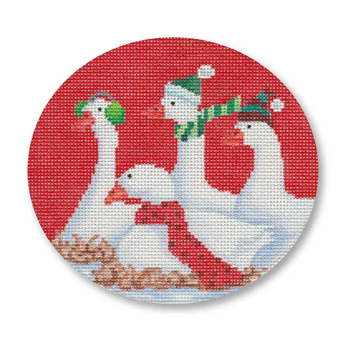 Three geese in hats and scarves on a red background.