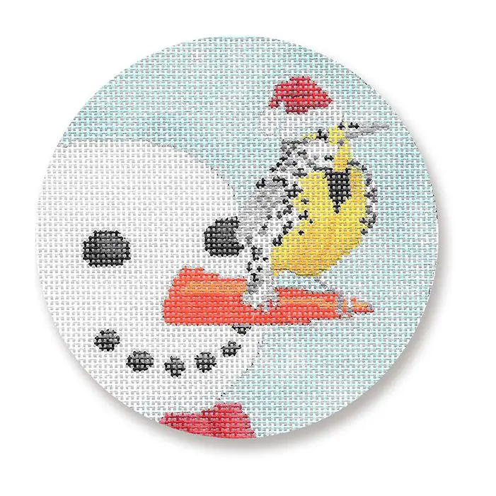 A cross stitch pattern of a snowman with a bird on his head.