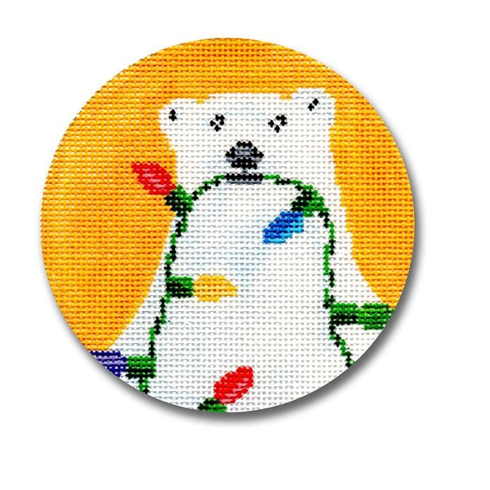 A polar bear with christmas lights on a round canvas.