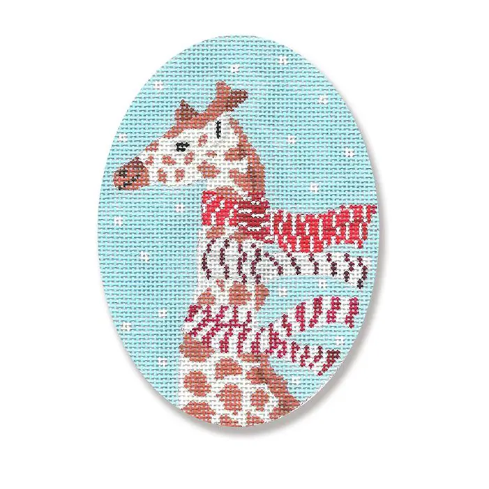 A giraffe with a scarf on a blue background.