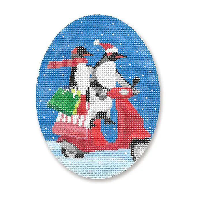 Penguins on a scooter with santa hats.