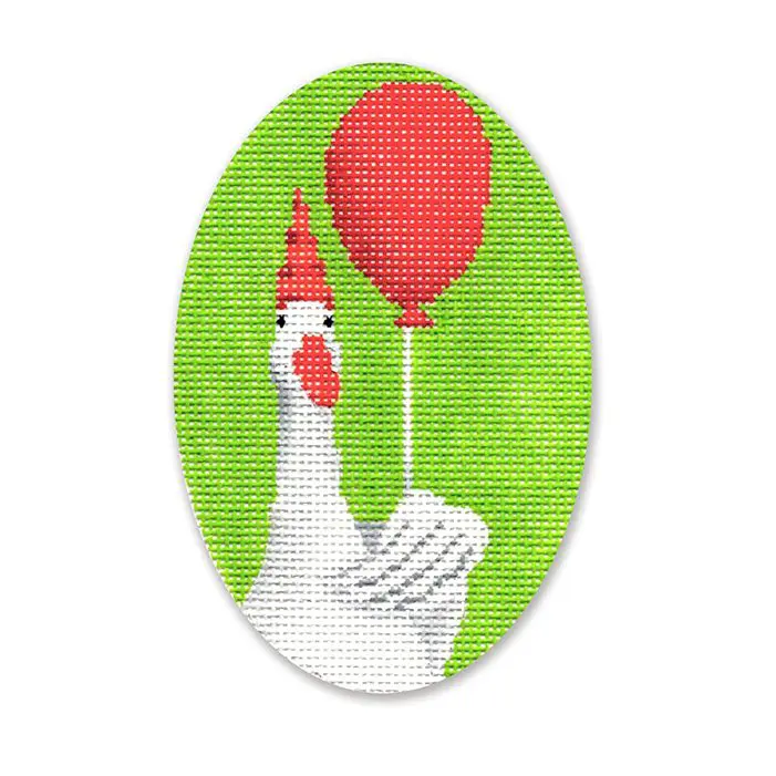 A cross stitch pattern of a goose holding a balloon.