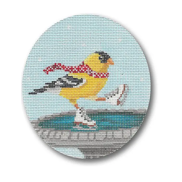 A cross stitch picture of a bird on ice skates.
