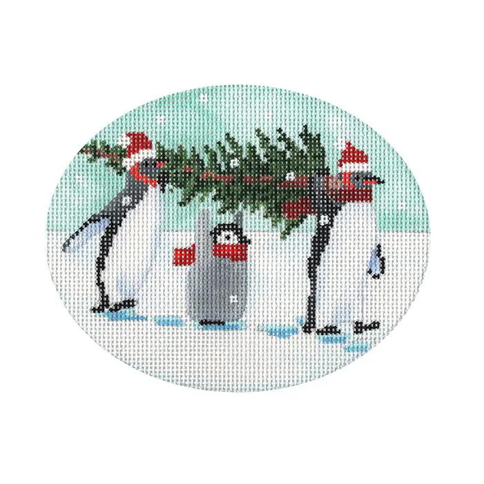 Penguins carrying a christmas tree on a round canvas.
