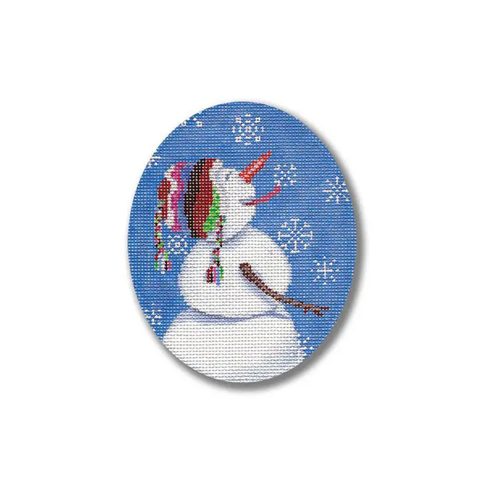 A snowman wearing a hat and scarf on a blue background.