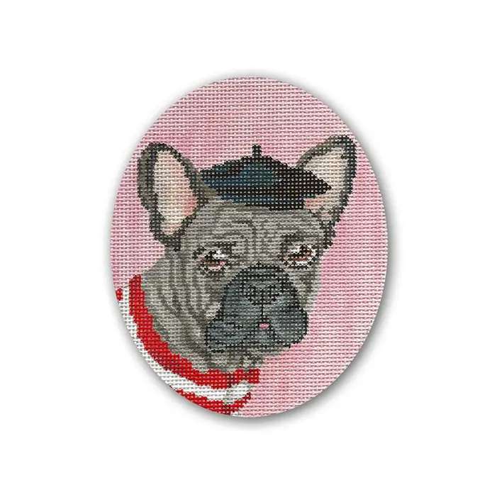 A cross stitch picture of a french bulldog wearing a hat.