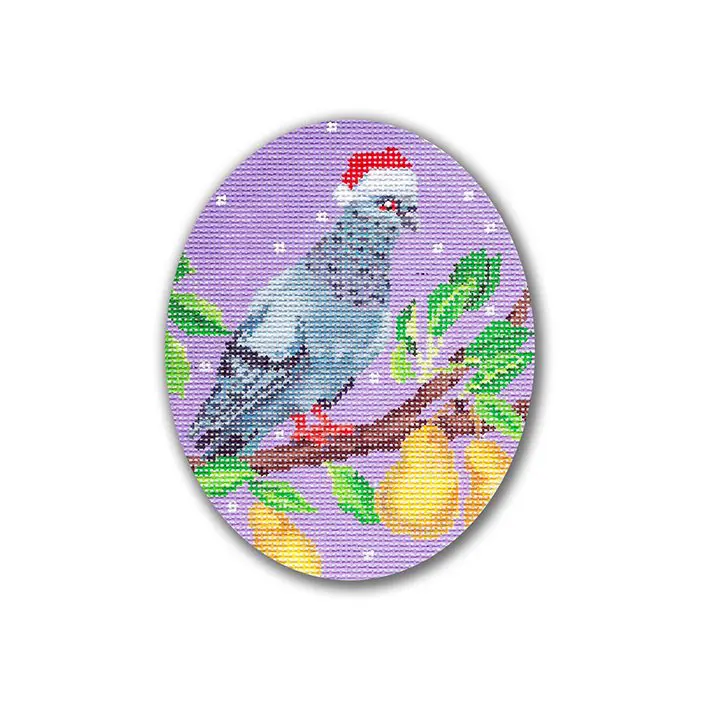 A cross stitch picture of a pigeon sitting on a tree.