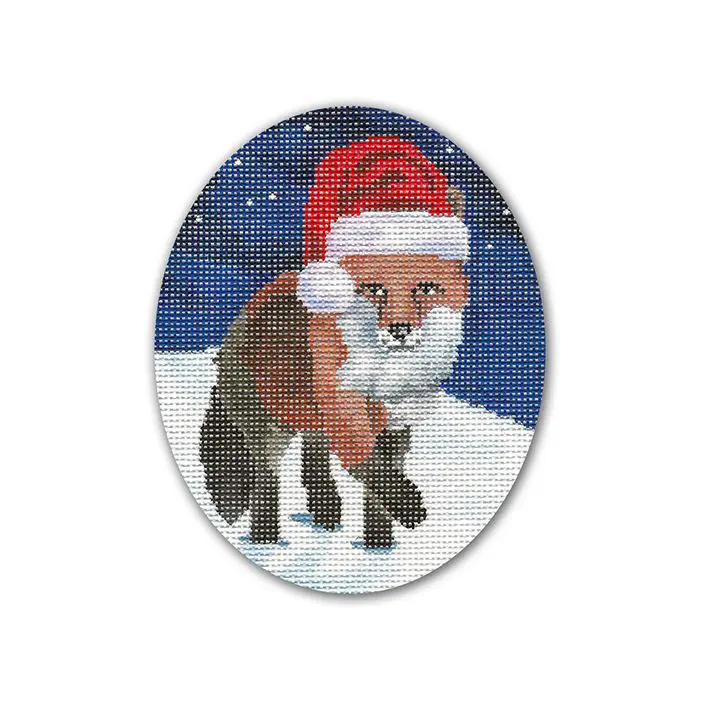 A cross stitch picture of a fox wearing a santa hat.