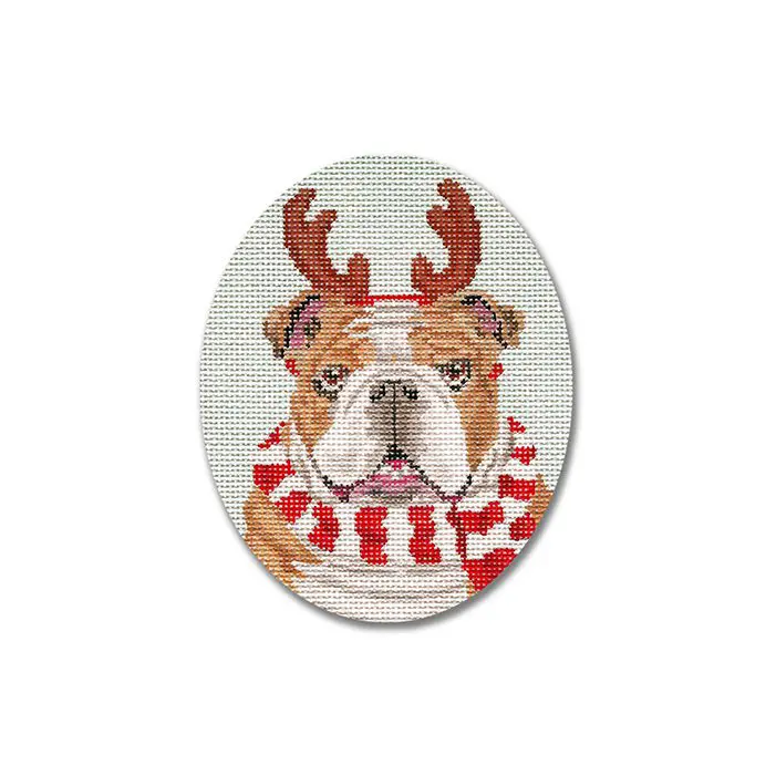 A cross stitch pattern of a bulldog wearing reindeer antlers.