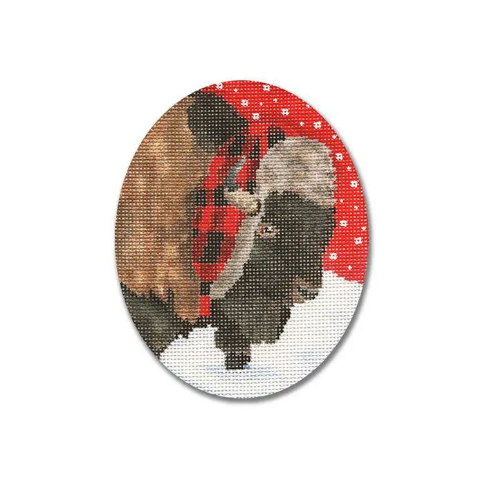 A cross stitch picture of a bison wearing a plaid shirt.