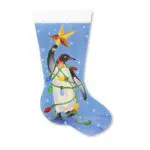 A christmas stocking with a penguin holding a star.
