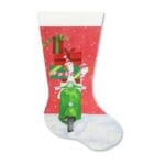 A christmas stocking with a scooter and presents.
