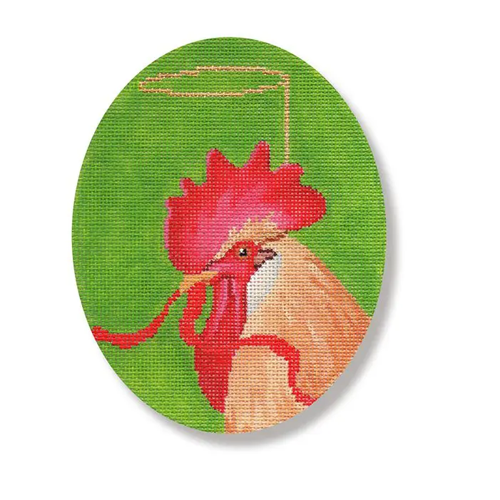 A cross stitch picture of a rooster on a green background.