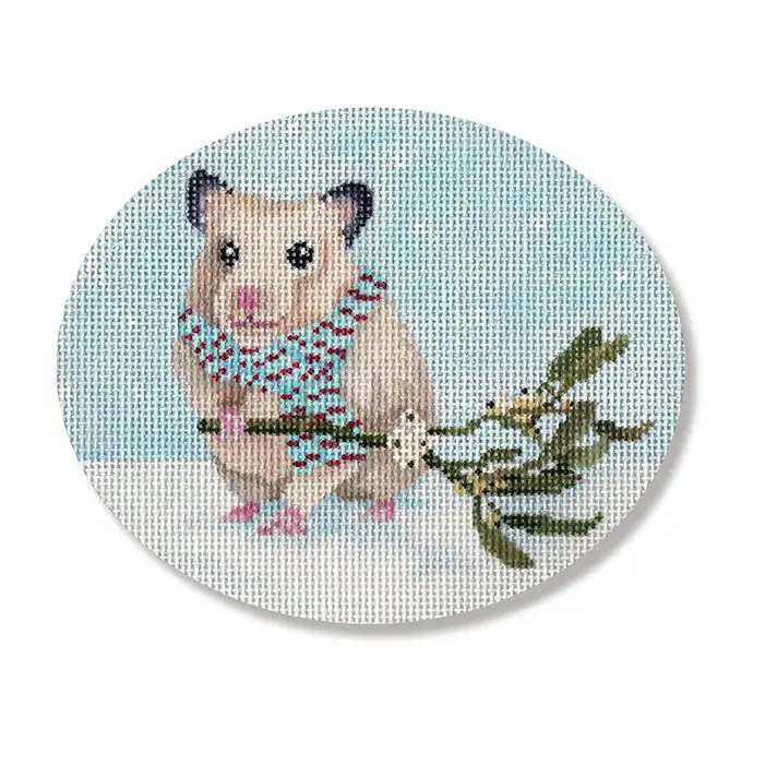 A cross stitch picture of a hamster with holly leaves.