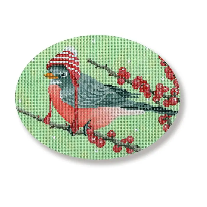 A cross stitch picture of a bird with red berries on a branch.