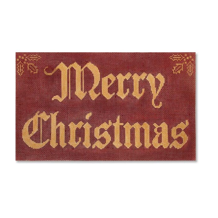 A merry Christmas sign with gold lettering on a red background, created by Cecilia Ohm Eriksen.