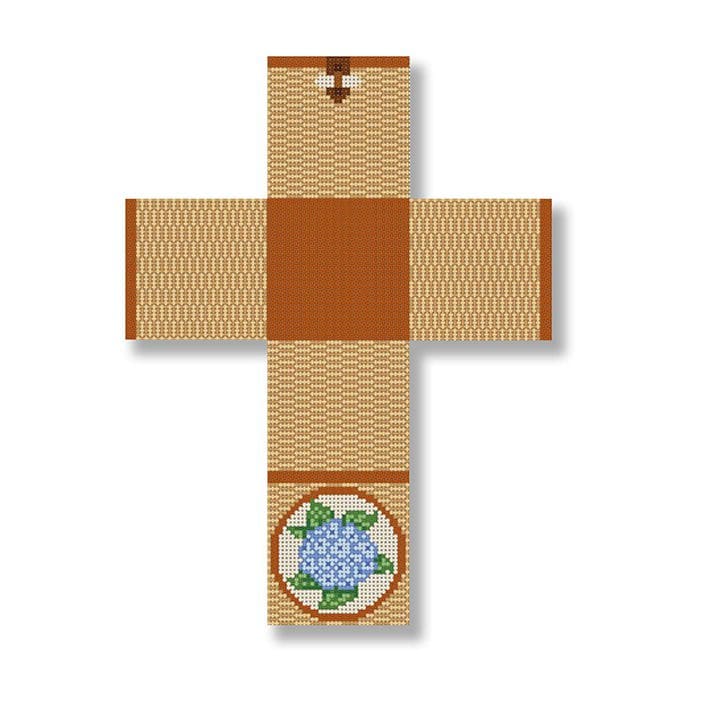 A cross with a blue flower on it, inspired by Cecilia Ohm.