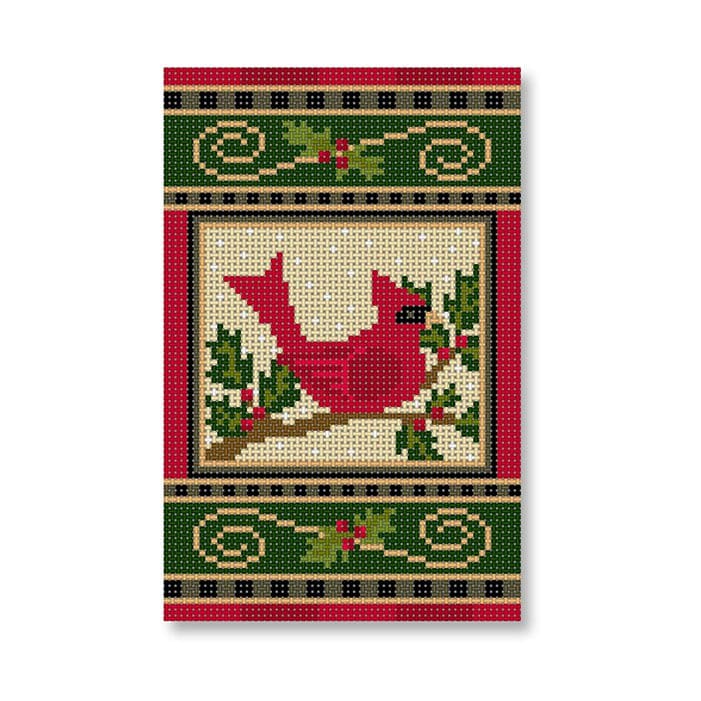A christmas cardinal with holly and berries on a red background, captured by Cecilia Ohm Eriksen.