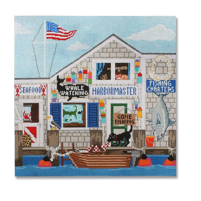 A painting by Cecilia Ohm Eriksen depicting a fisherman's shop with an American flag.