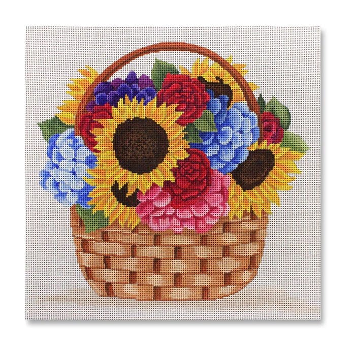 A painting by Cecilia Ohm Eriksen featuring a basket full of sunflowers and hydrangeas.