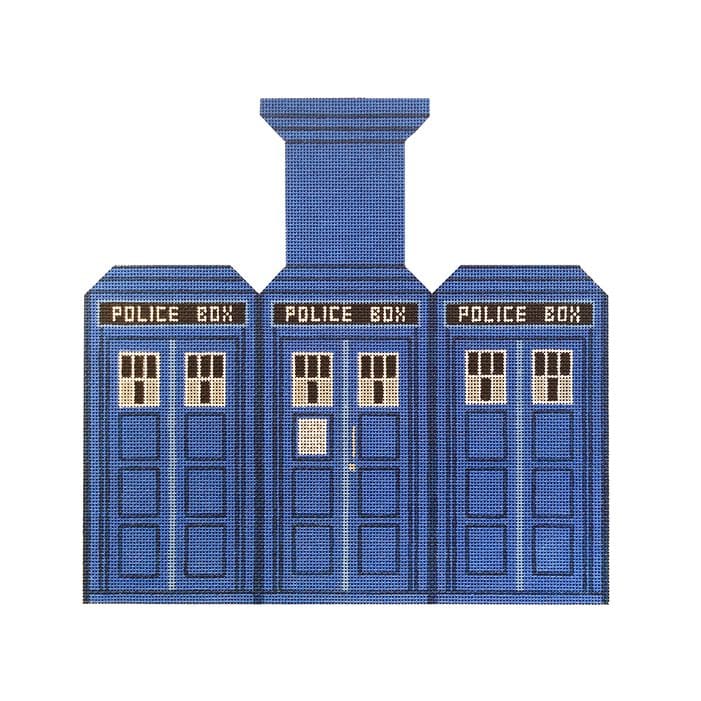 Three blue police boxes on a white background, created by Cecilia Ohm.