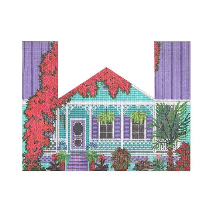 A blue and purple house with plants and flowers, designed by Cecilia Ohm Eriksen.