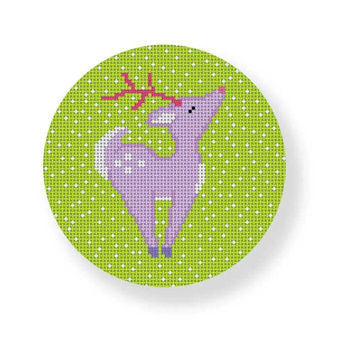 Cecilia, a purple reindeer, stands upon a green background.