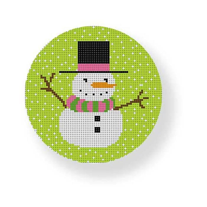 Cecilia, a snowman from Ohm Eriksen, wearing a hat and scarf on a green background.