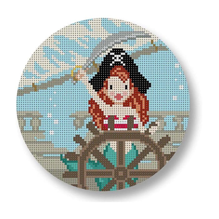 A cross stitch pattern of a little girl on a pirate ship, designed by Cecilia Ohm Eriksen.