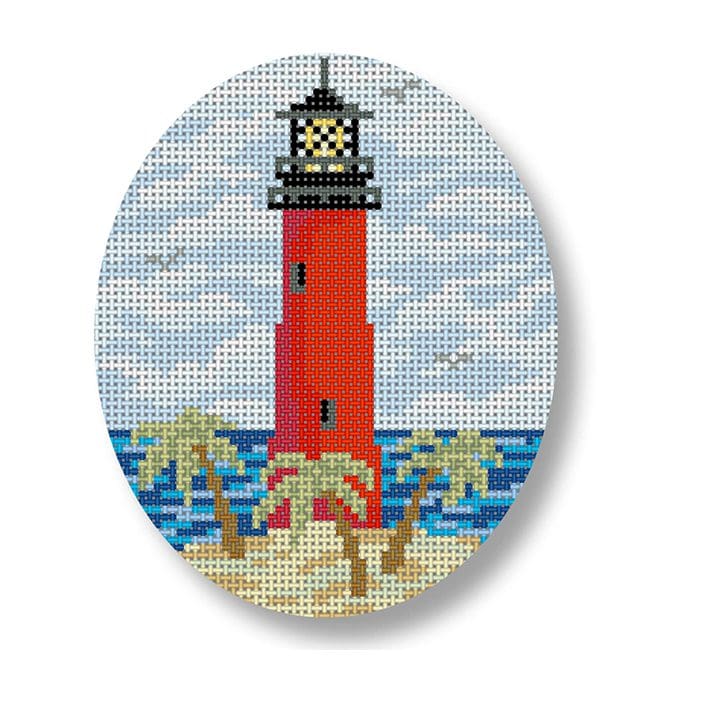 A cross stitch picture of a lighthouse and palm trees by Cecilia Ohm Eriksen.