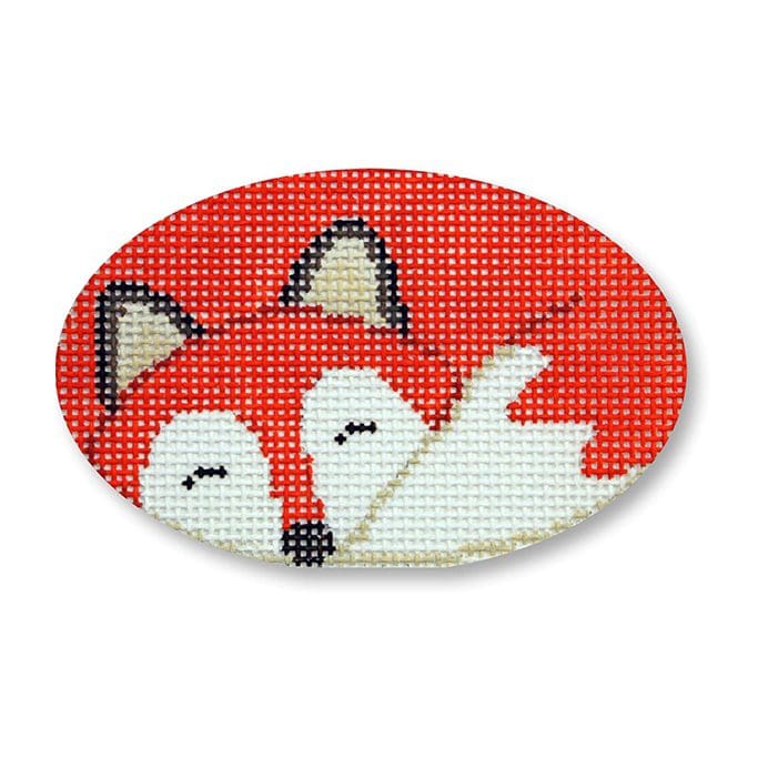 A cross stitched red fox on a white background by Cecilia Ohm Eriksen.