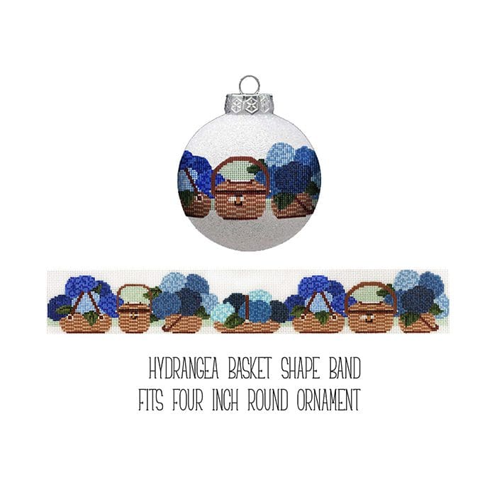 A Christmas ornament featuring a basket of blue flowers by Cecilia Ohm Eriksen.