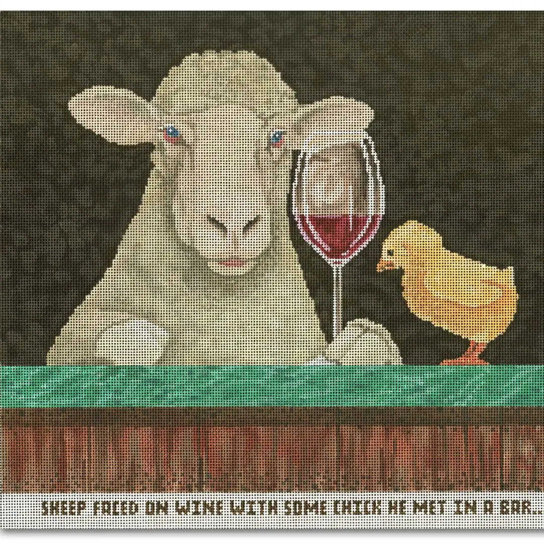 A sheep with a bottle of wine and a chick next to it, featuring Cecilia.